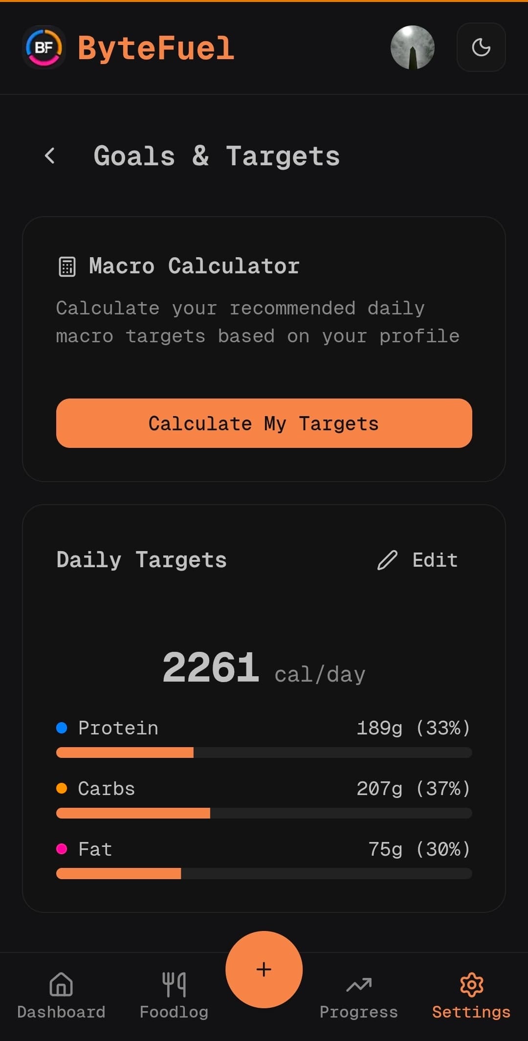 ByteFuel dashboard showing daily calorie ring chart and macro nutrient breakdown